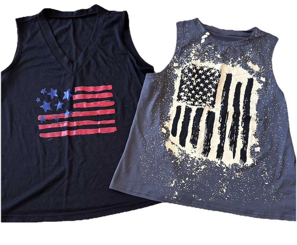 Women American Flag Tank Tops 4th July SOFT Shirts Patriotic Boho MED Lot Of 2